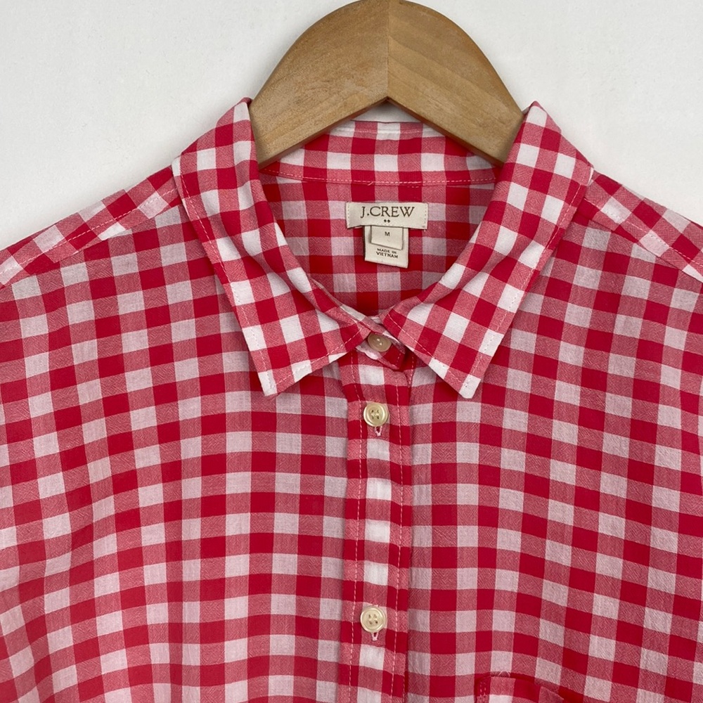 J.Crew M Factory Shirt Button Down Gingham Plaid Hot Pink White Cotton